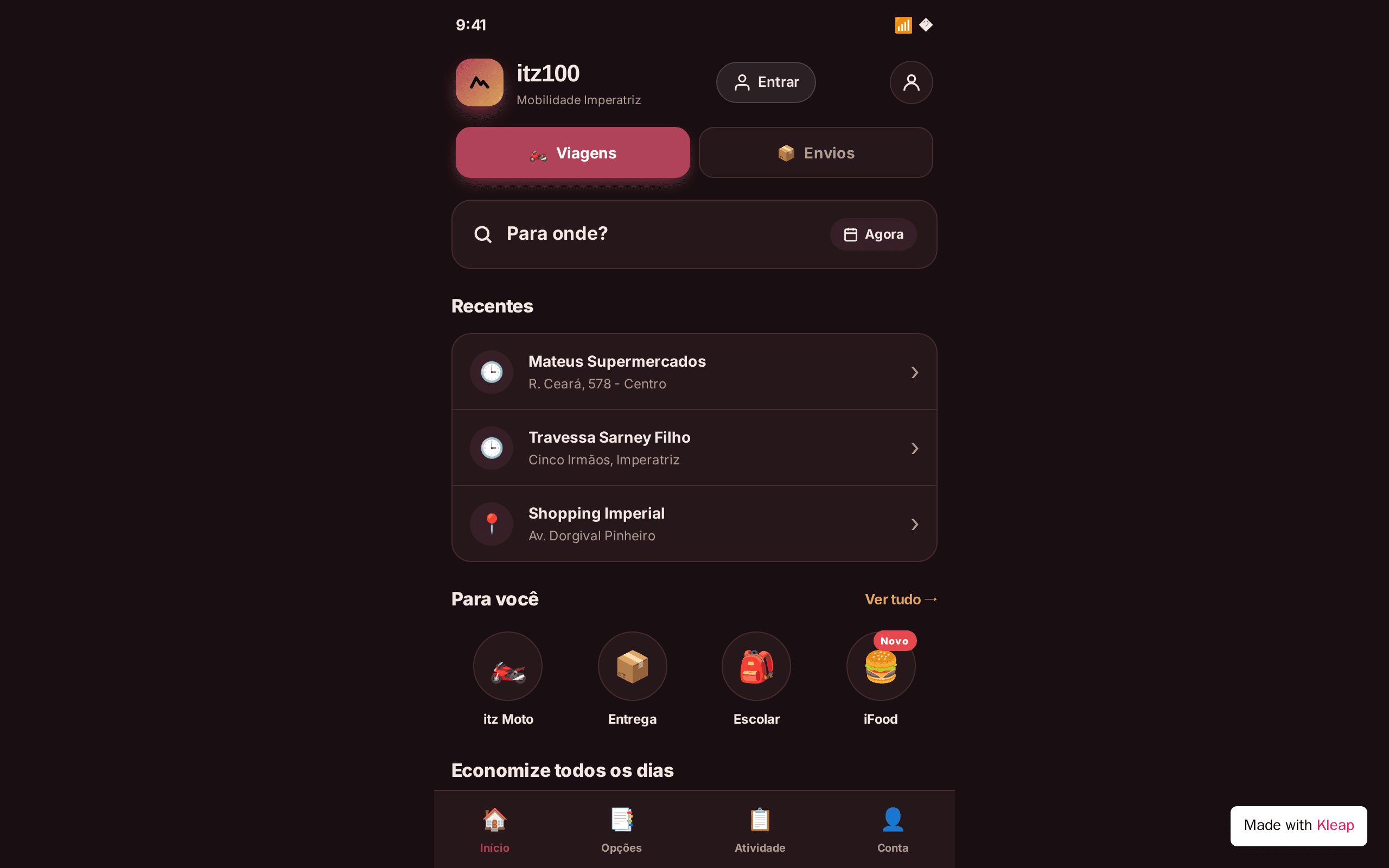 Dark-themed ride-hailing app with clean hierarchy and real local content for Imperatriz.