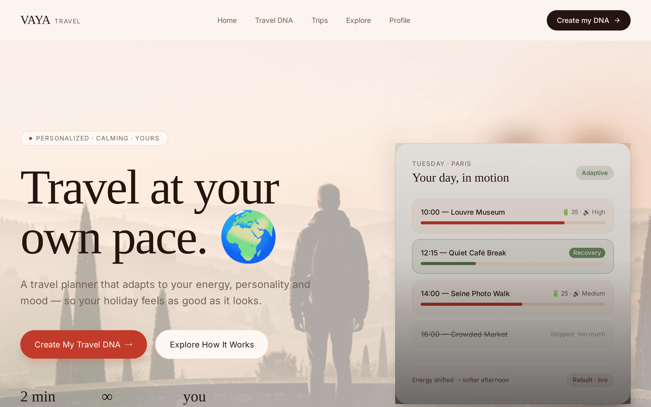 A travel planner that reads your energy and reshapes your itinerary in real time.
