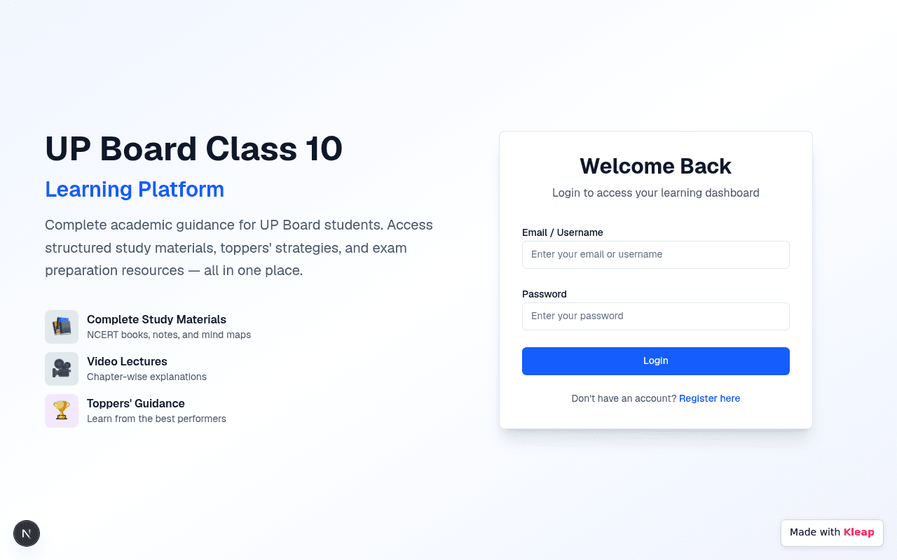 A streamlined learning platform offering comprehensive academic resources for UP Board students.
