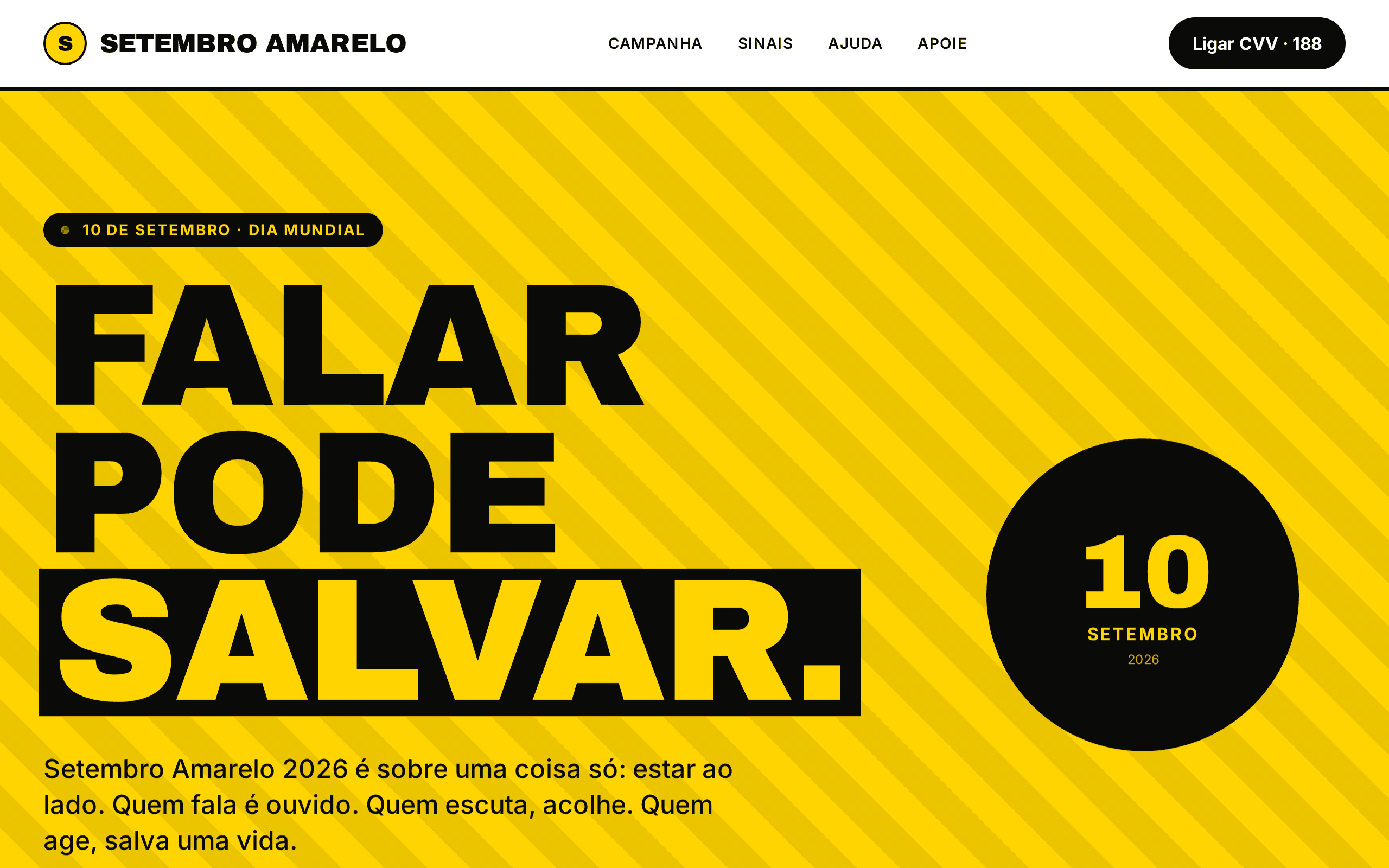 Brazilian suicide prevention campaign site with bold yellow urgency.