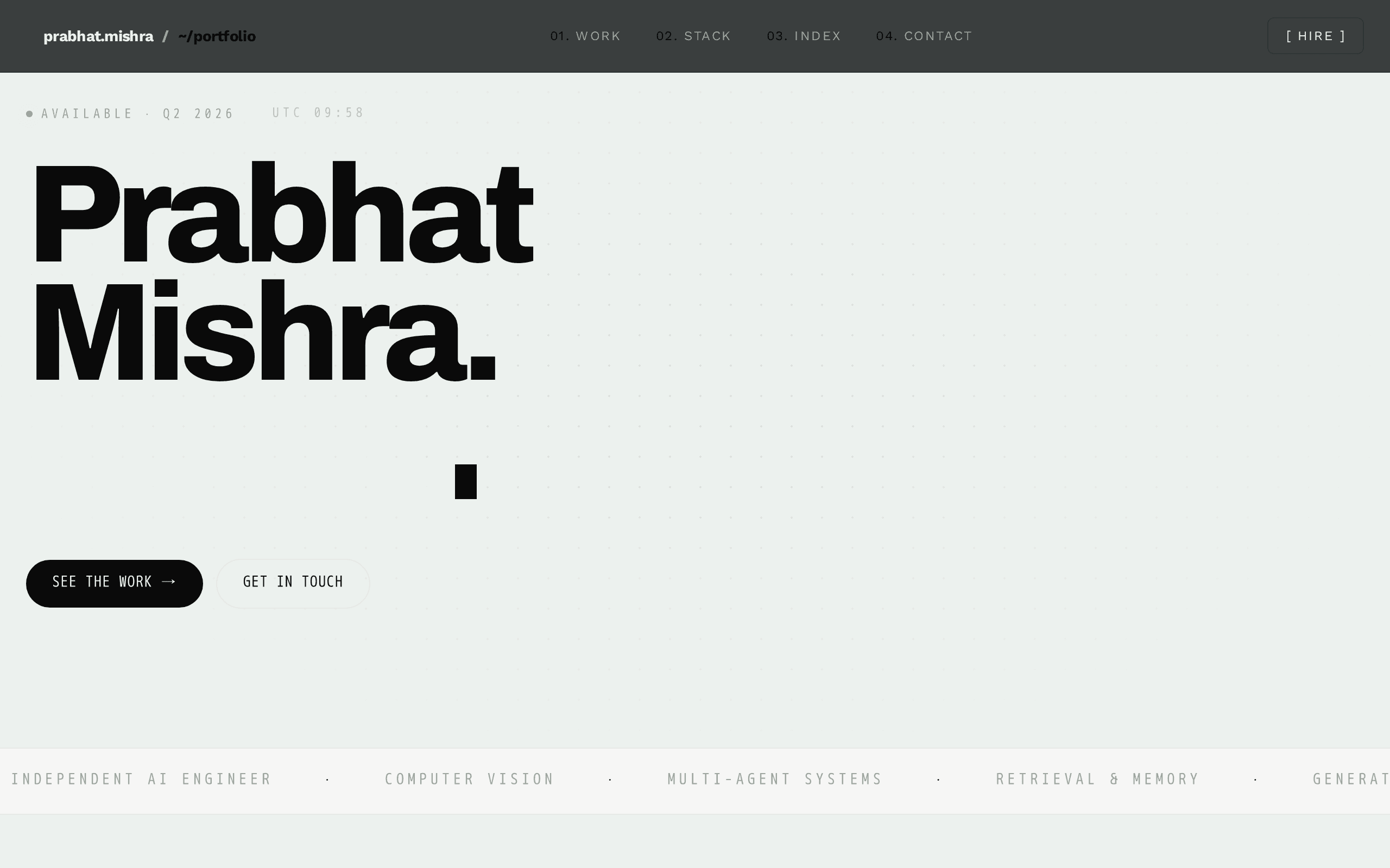 An AI engineer's portfolio built like a terminal command — clean, personal, and unafraid of monospace.