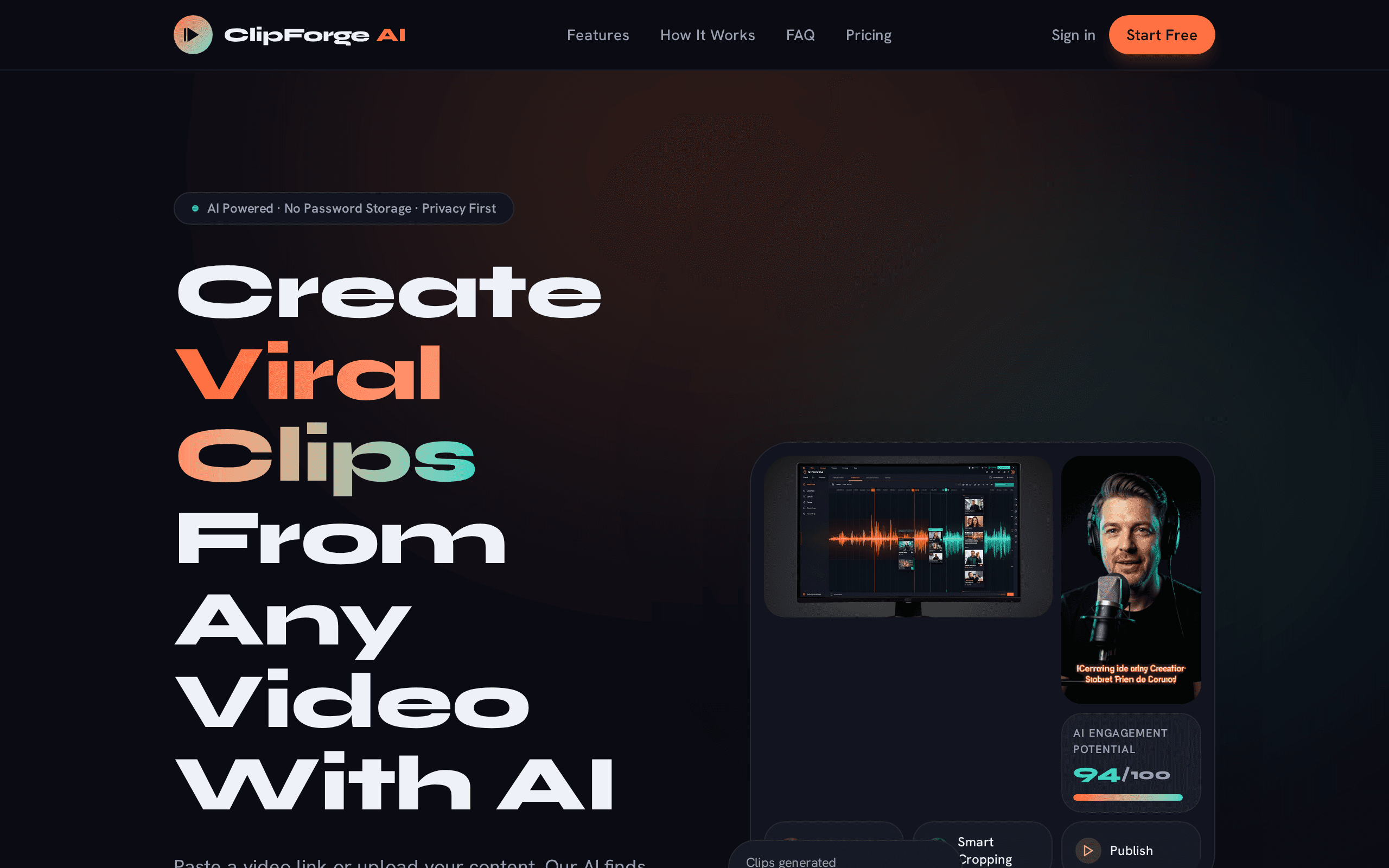 Turn long videos into viral short clips with AI that scores engagement potential.