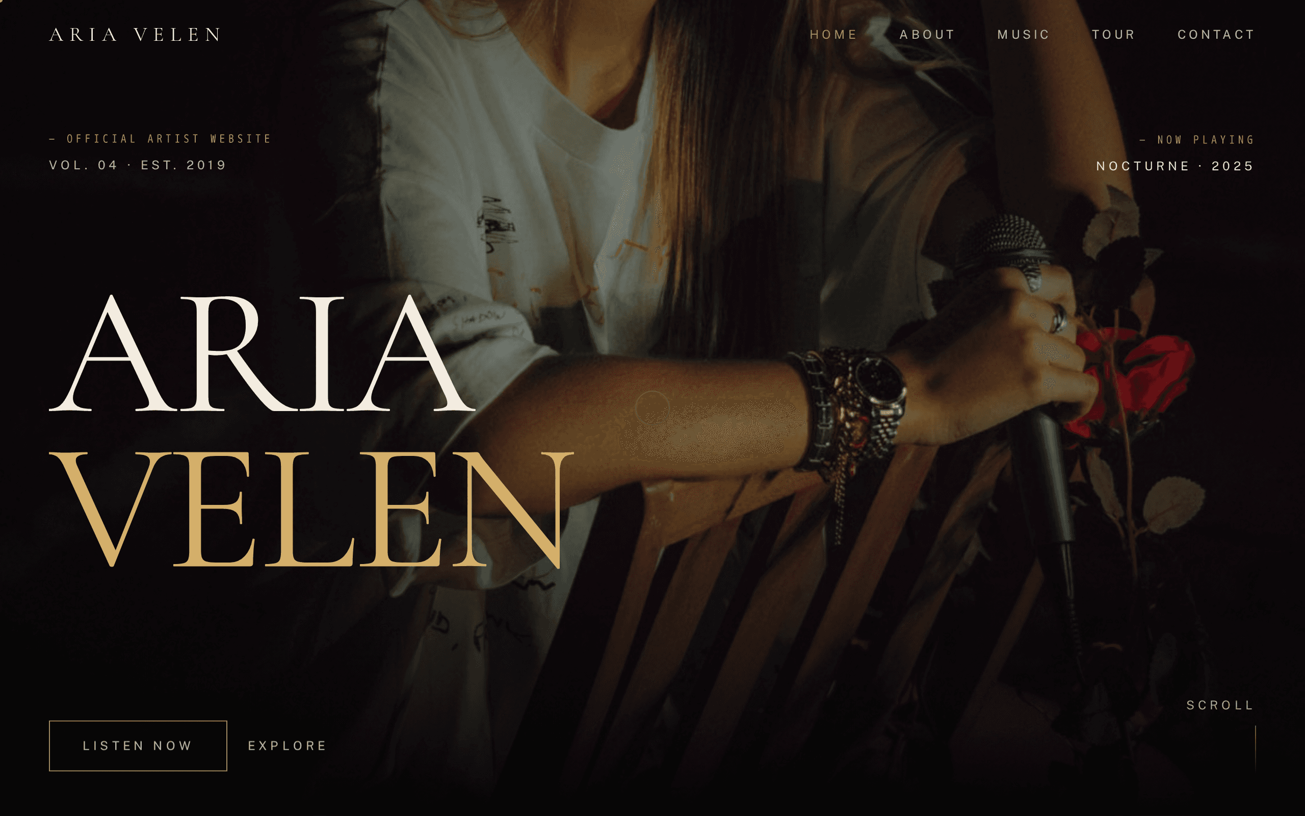 A cinematic artist site where typography does the singing.