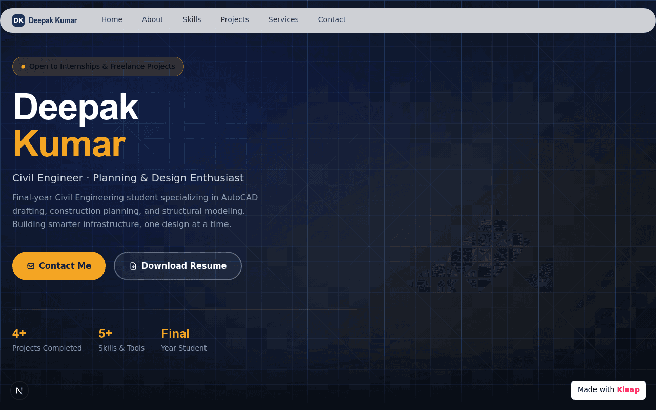 A civil engineer's portfolio site, simple and direct, built to highlight core skills.