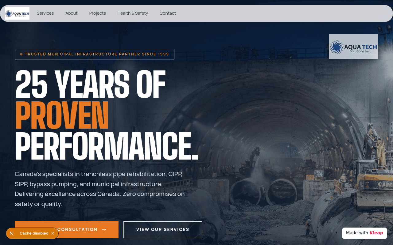 A clean, industrial-themed site highlighting 25 years of infrastructure expertise.