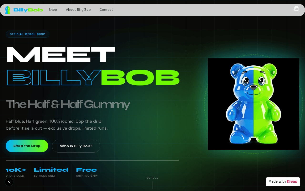 A bold merch drop page for a half-blue, half-green gummy bear that turned a toy mascot into a collectible brand.