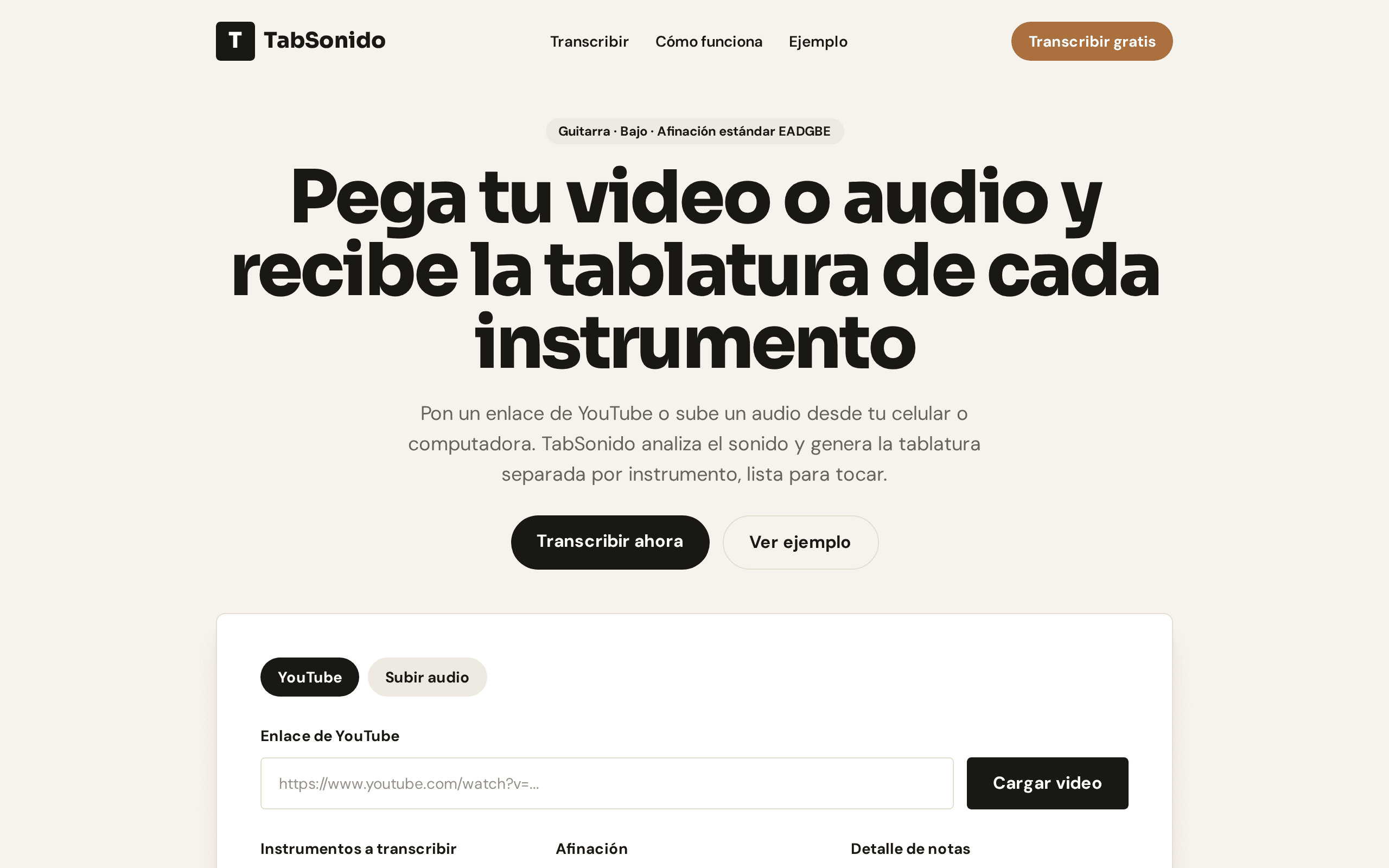 Pega un video de YouTube y recibe tablaturas separadas por instrumento, listas para tocar.