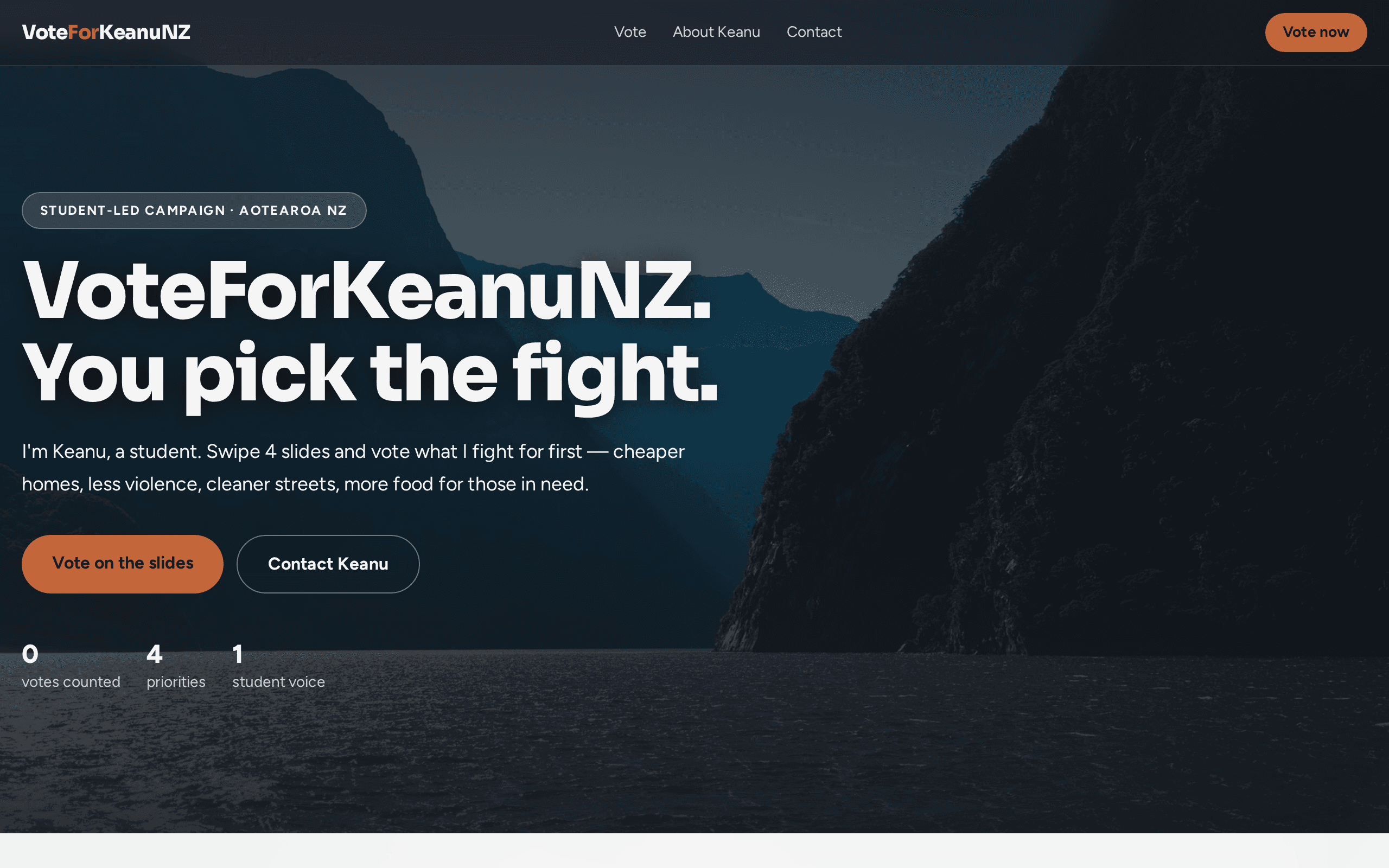A student-led campaign letting New Zealanders vote on which issue Keanu fights first.