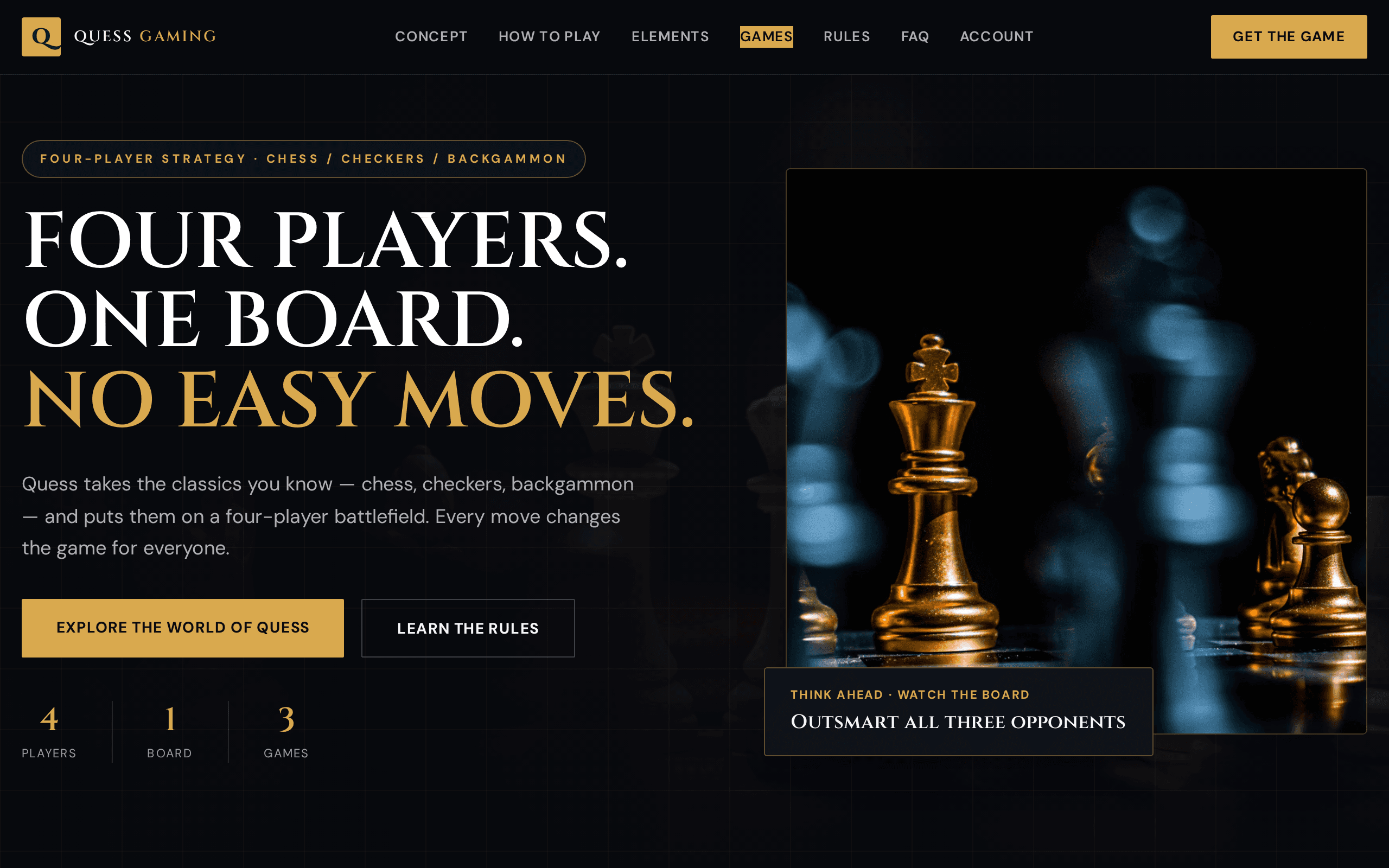 Four-player chess, checkers, and backgammon on a single battlefield.