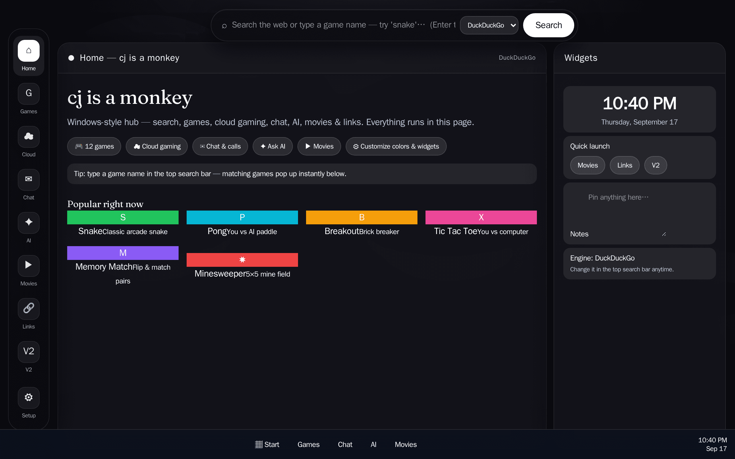 A Windows-style hub that crams games, chat, AI, and movies into one playful page.