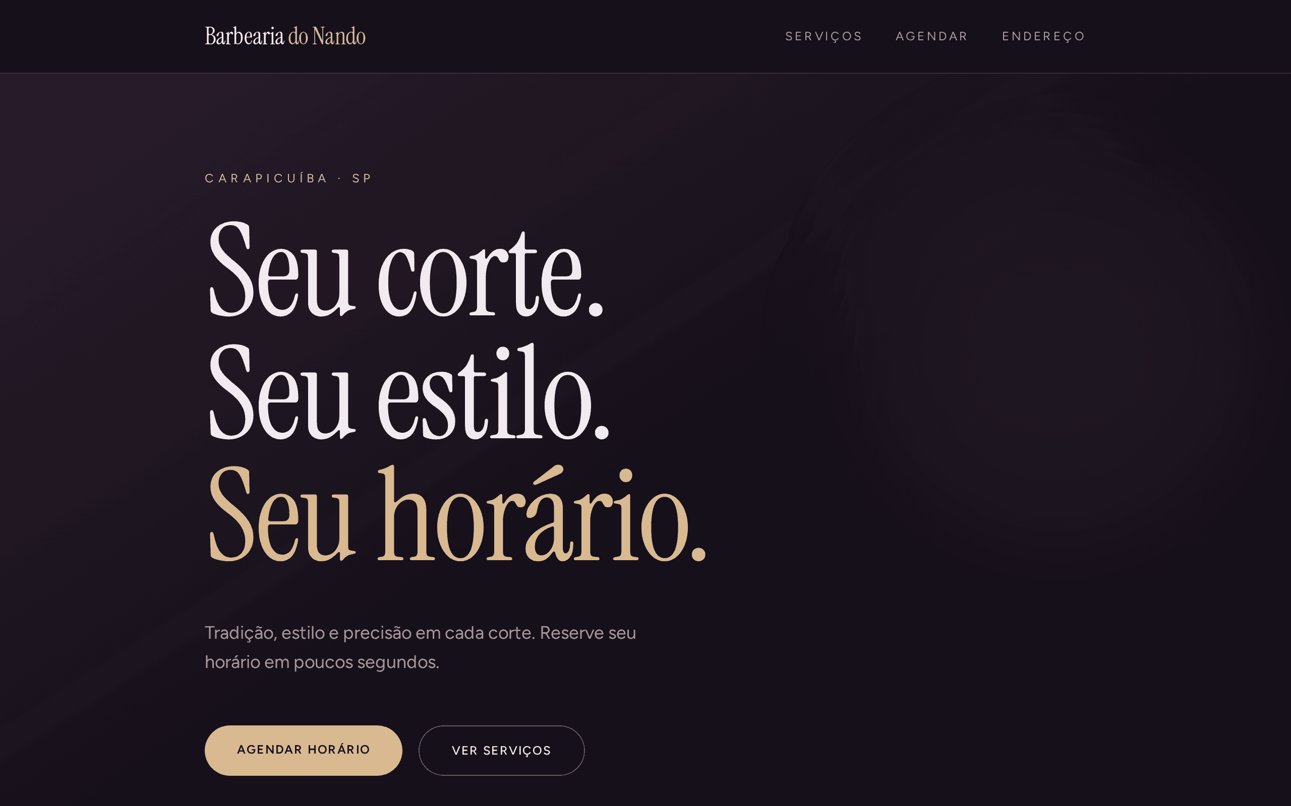 A dark, elegant barbershop landing that books your cut in seconds.