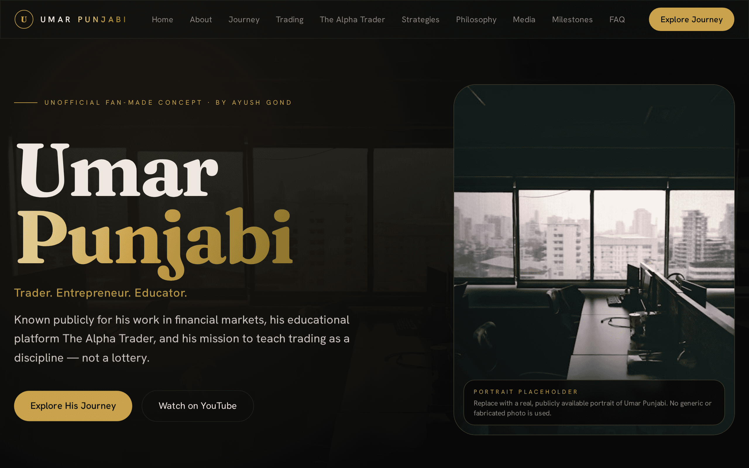 Fan-made tribute site positioning a trader-educator with cinematic restraint.