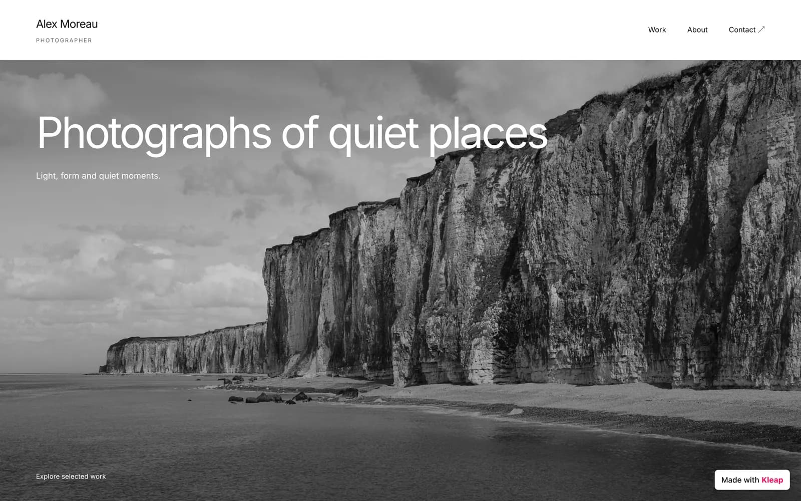 A black and white photography portfolio site built by Claude Code through Kleap