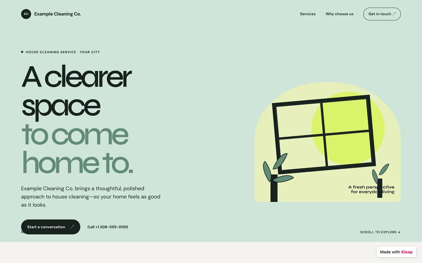 The top of the demo website on a laptop: pale green background, the headline A clearer space to come home to, an illustration of a tilted window with two plants, a Start a conversation button and a phone number
