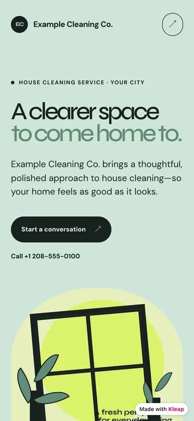 The same demo website on a phone: the business name, the headline A clearer space to come home to, a Start a conversation button and a call link