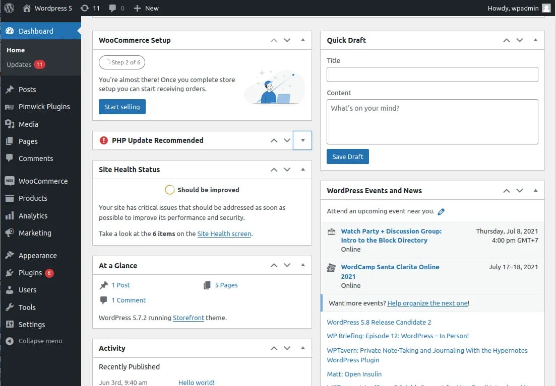 The real WordPress admin dashboard, with its menus, plugins and updates