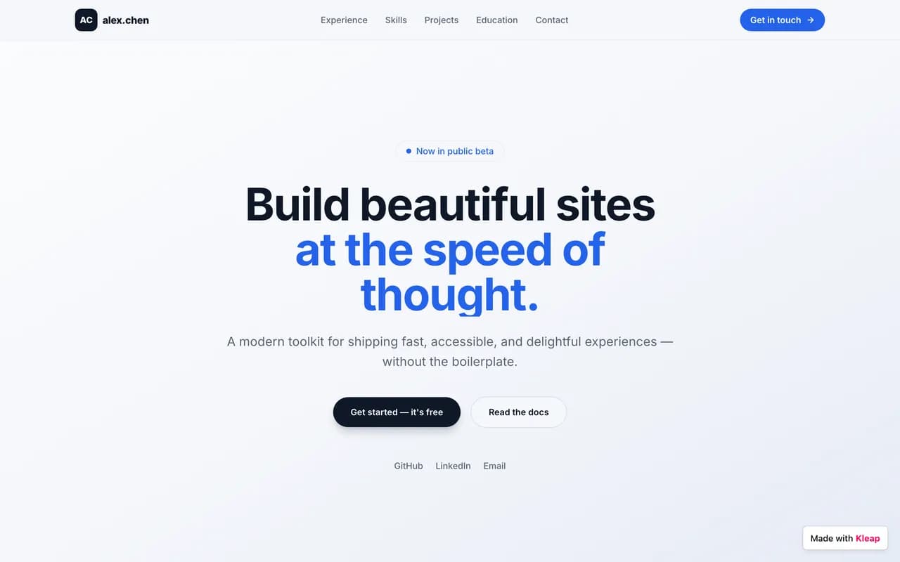 Student portfolio and resume website created with Kleap AI