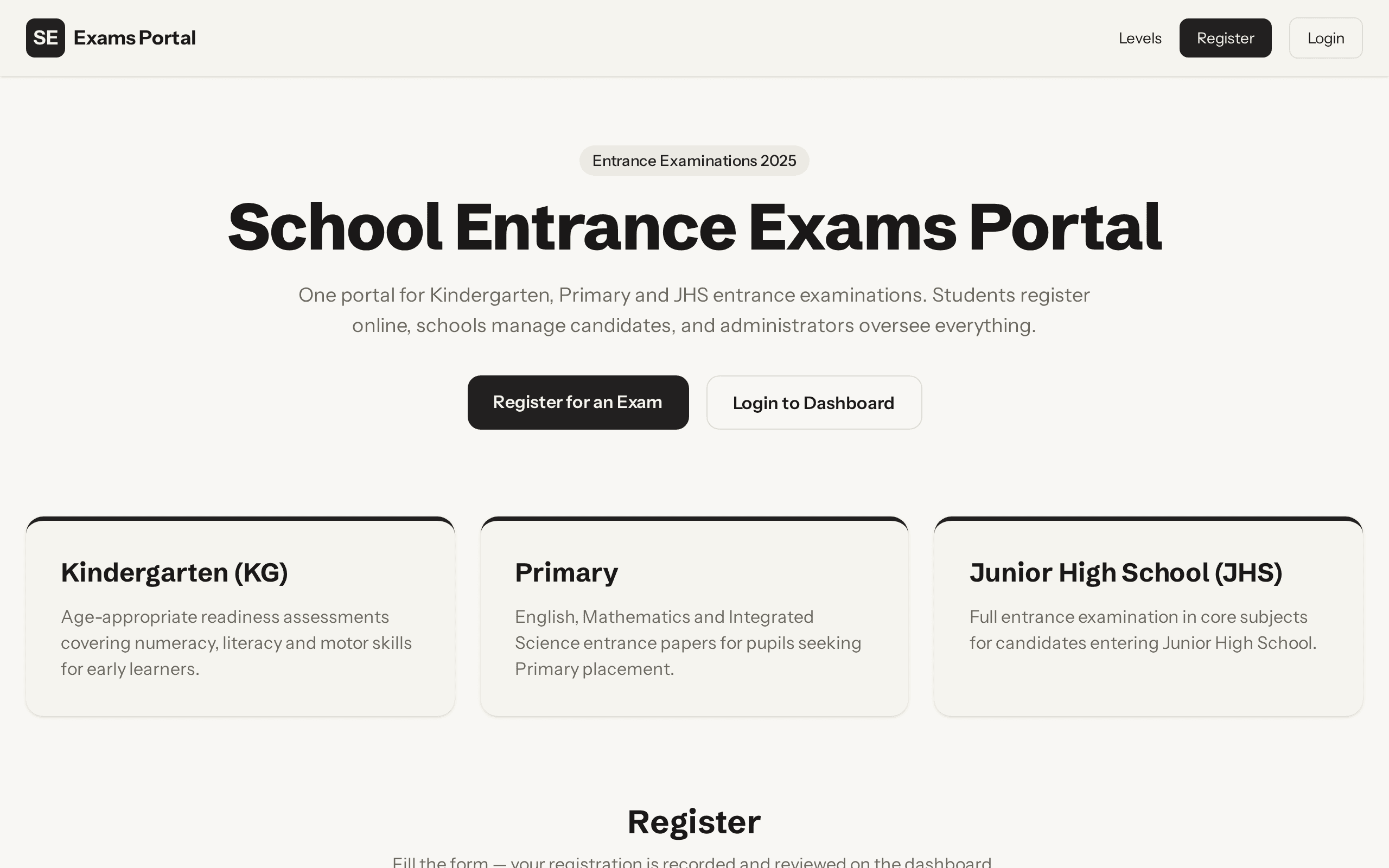 A streamlined portal for Kindergarten, Primary, and JHS entrance exam registration.