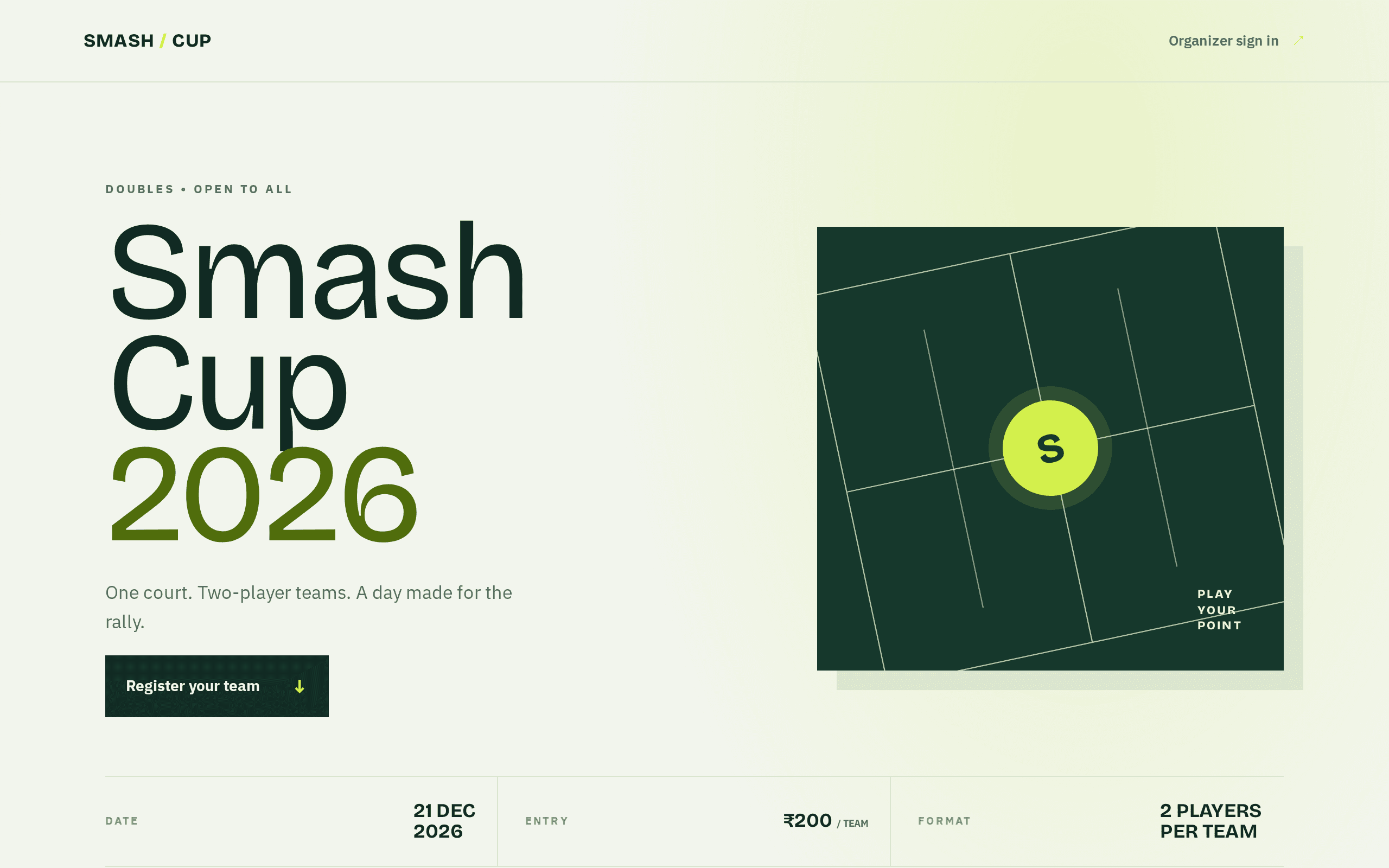 A tennis-themed tournament page that scores big with bold type and court-inspired graphics.
