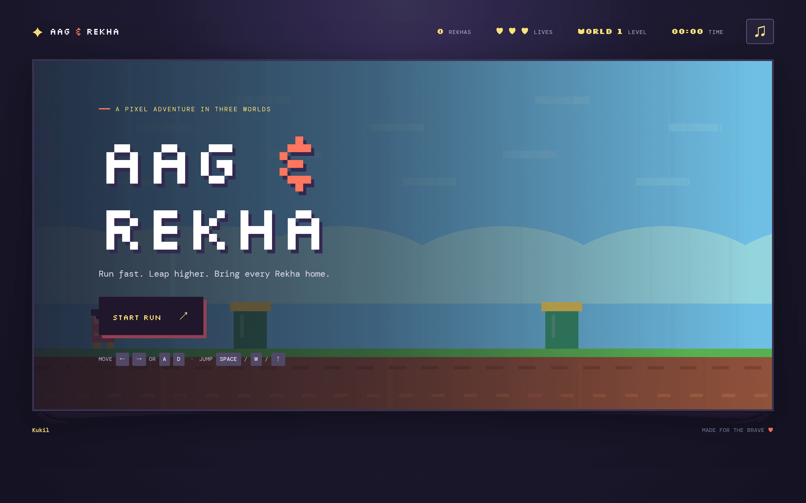 A retro pixel-platformer homepage where every jump key is part of the brand.
