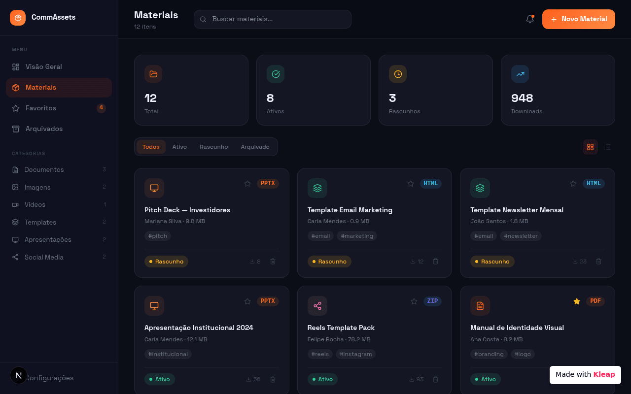 A clean, dark-themed dashboard for managing communication assets with clear categorization and status tracking.