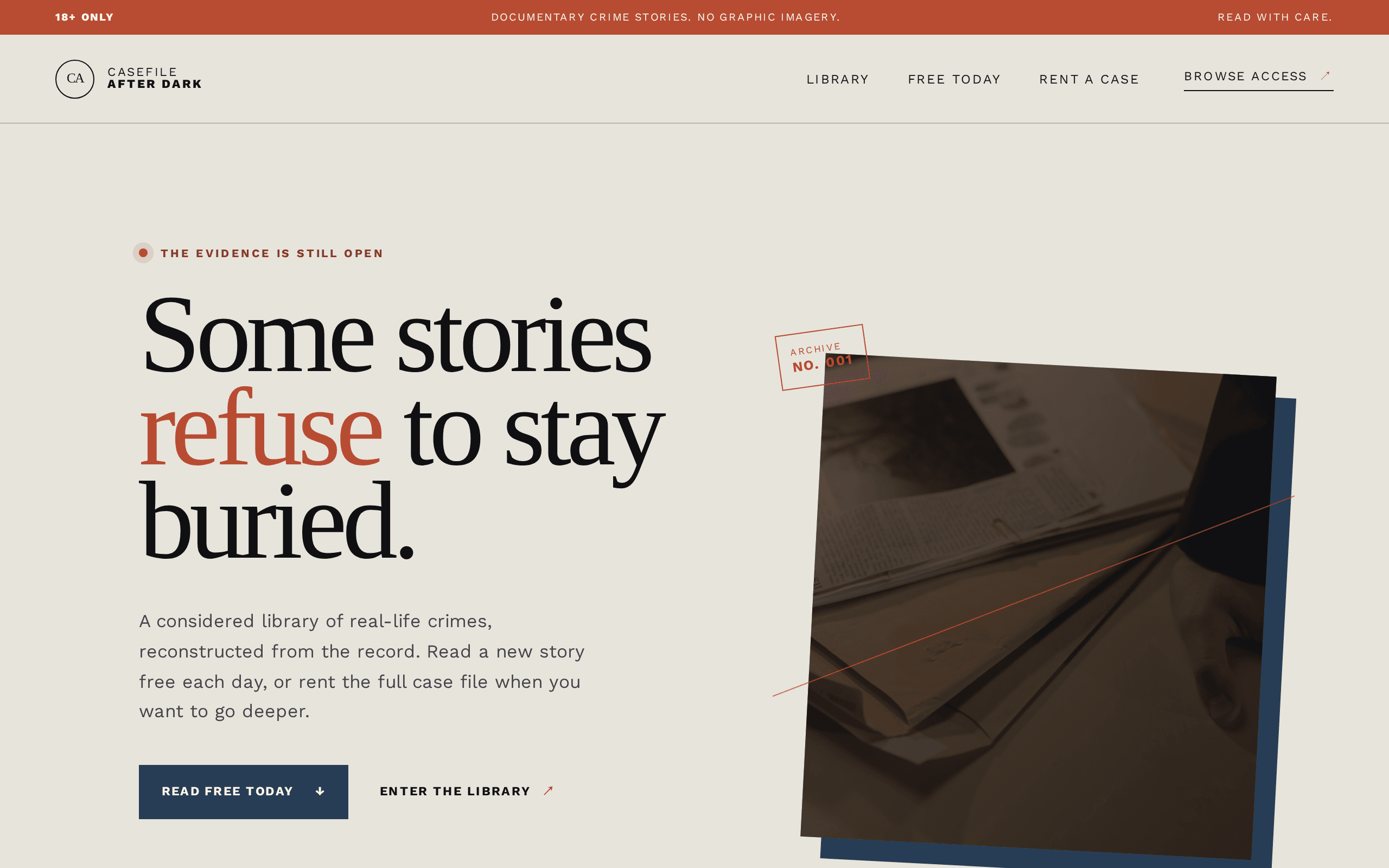 A restrained archive for true crime readers who prefer evidence over sensationalism.