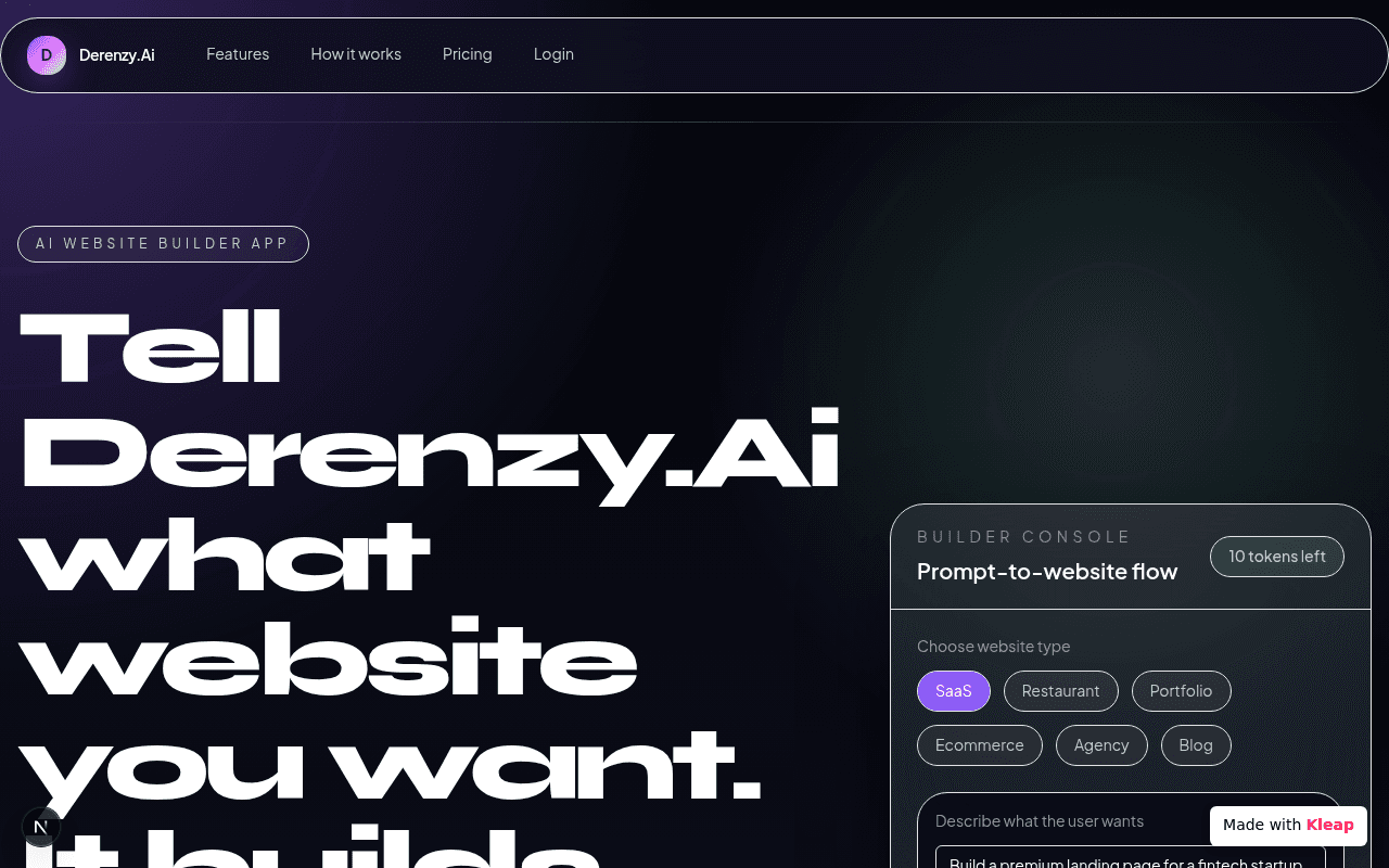 AI website builder that turns plain prompts into full websites, instantly.