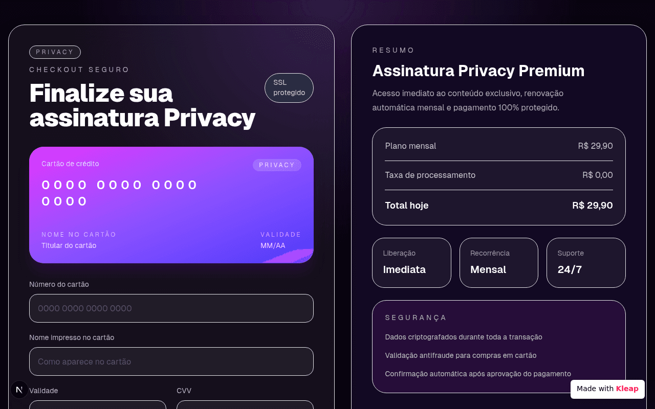 A sleek privacy-first subscription checkout with a dark, premium aesthetic.