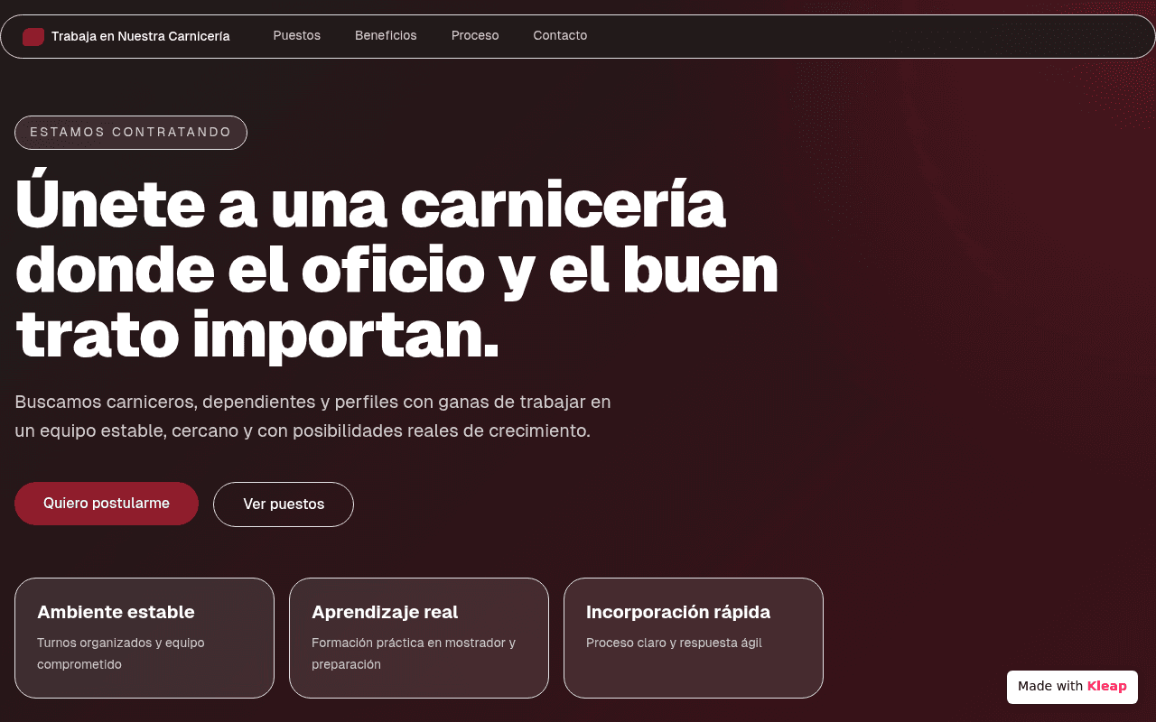 A butcher shop recruitment page that trades stock vibes for honest craft.