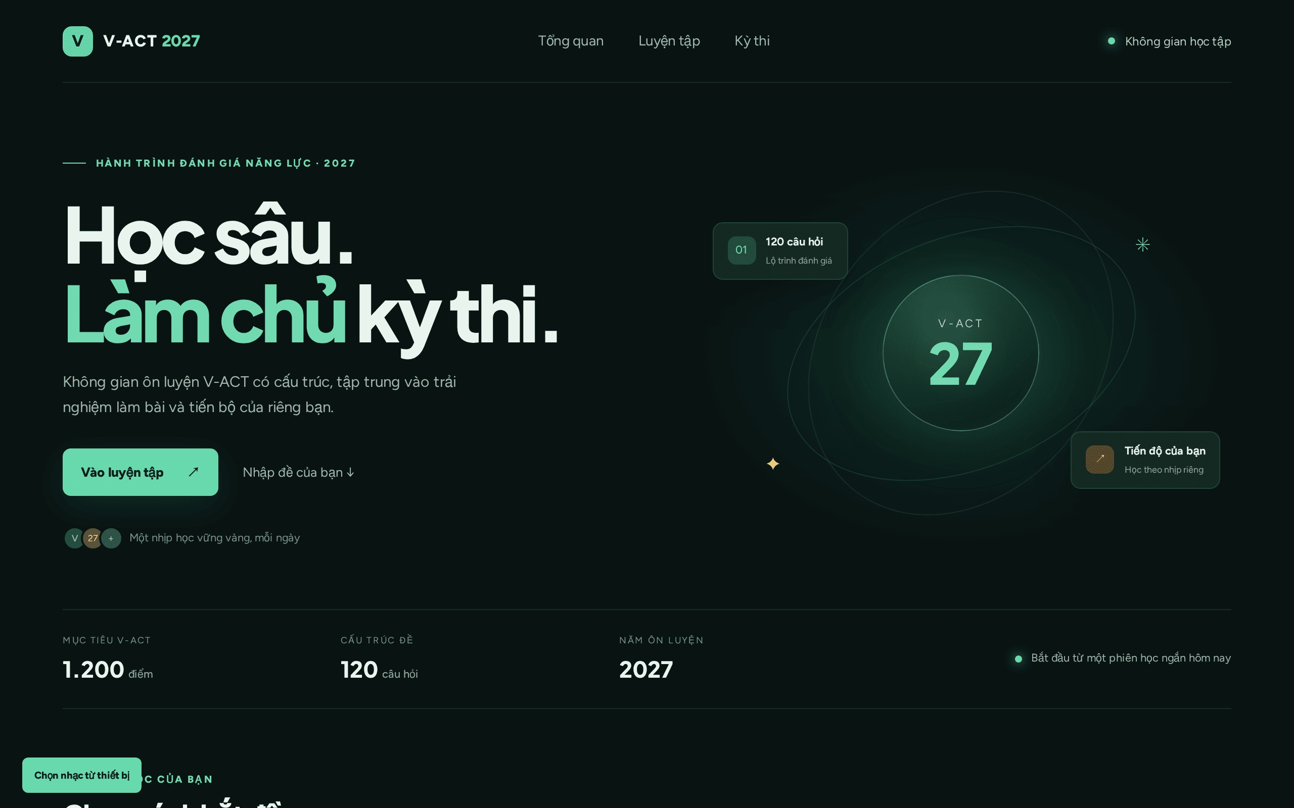 A Vietnamese exam-study hub that turns 120 V-ACT questions into a calm, focused practice ritual.