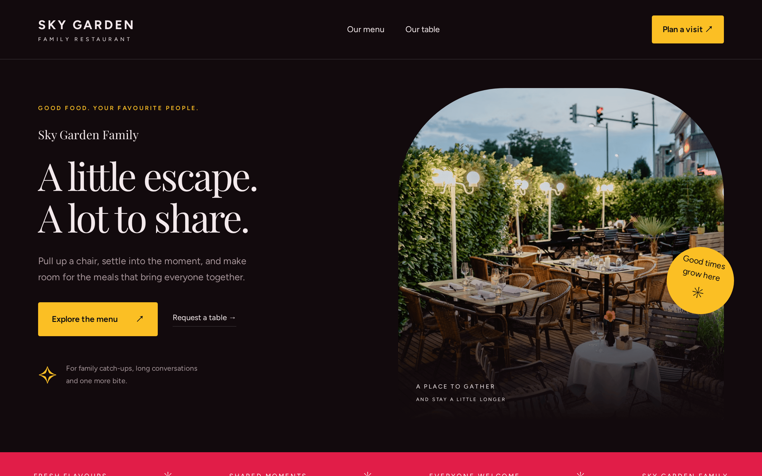 An atmospheric family restaurant landing page with warm photography and clear calls to action.