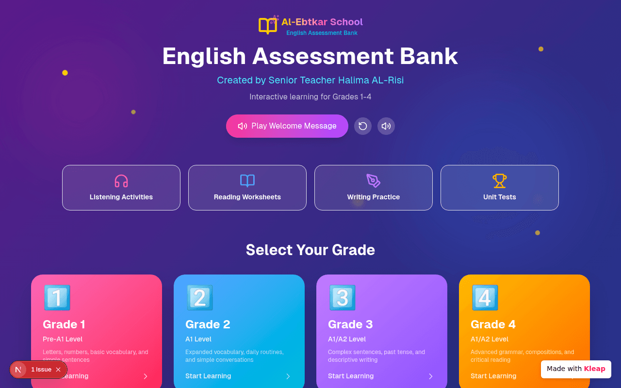 An English assessment bank that turns grammar drills into a colorful grade-by-grade adventure.