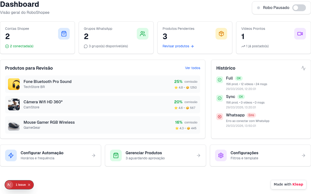 A focused dashboard to sync Shopee products and publish to WhatsApp groups on autopilot.
