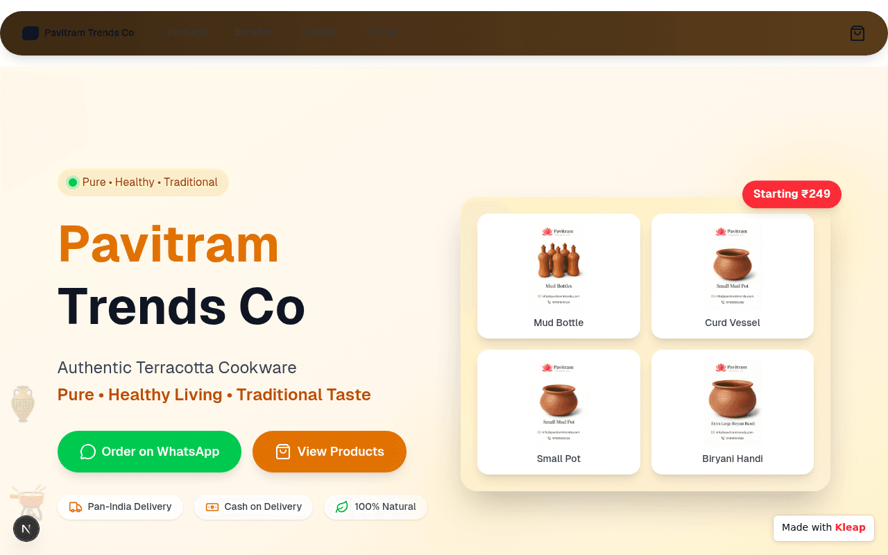 Traditional terracotta cookware, served with trust signals and a WhatsApp button.