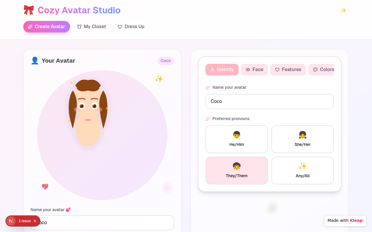 A playful, personality-first avatar studio with inclusive identity options.
