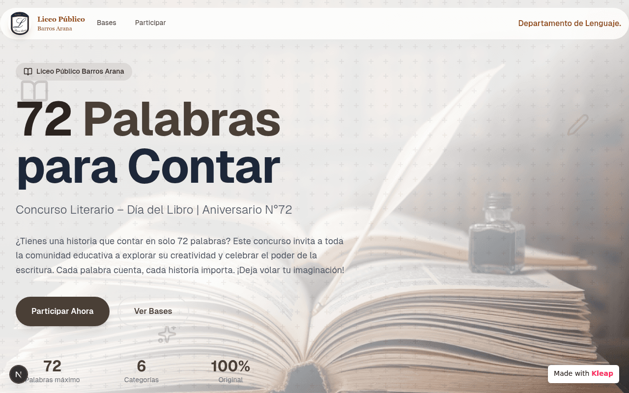 Literary contest microsite for a Chilean school celebrating Book Day with microfiction.
