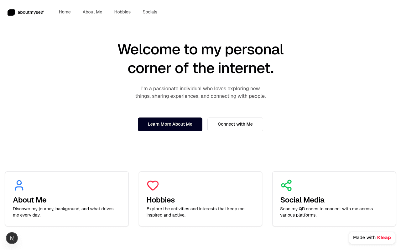 A clean, personal portfolio site that introduces one's digital presence and core interests.