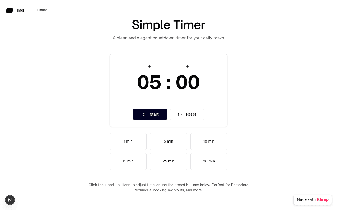 A clean, functional timer to enhance focus and manage daily tasks with effortless precision.
