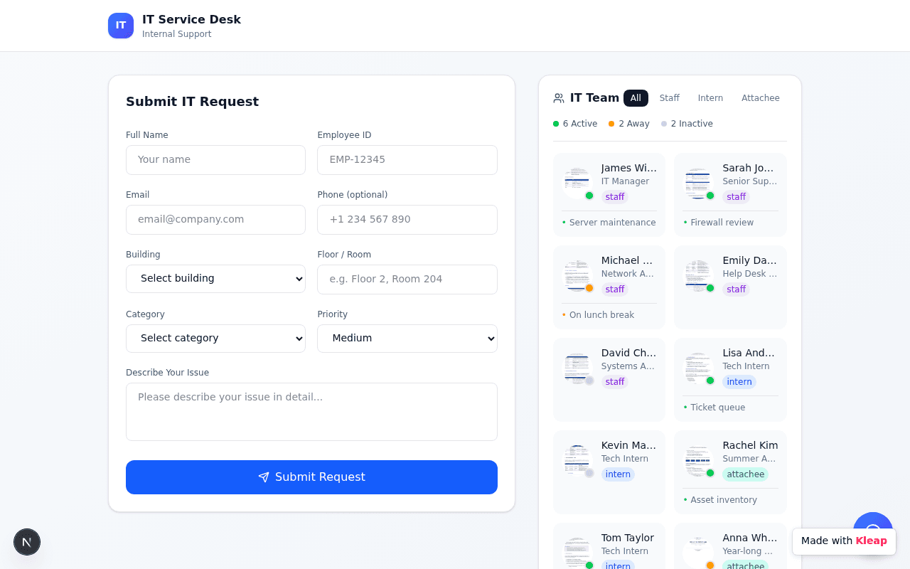 Internal IT support request portal with real-time team availability and status tracking.