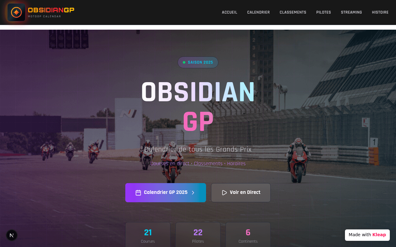 MotoGP fan hub with race calendar, live streams, and rider stats for the 2025 season.