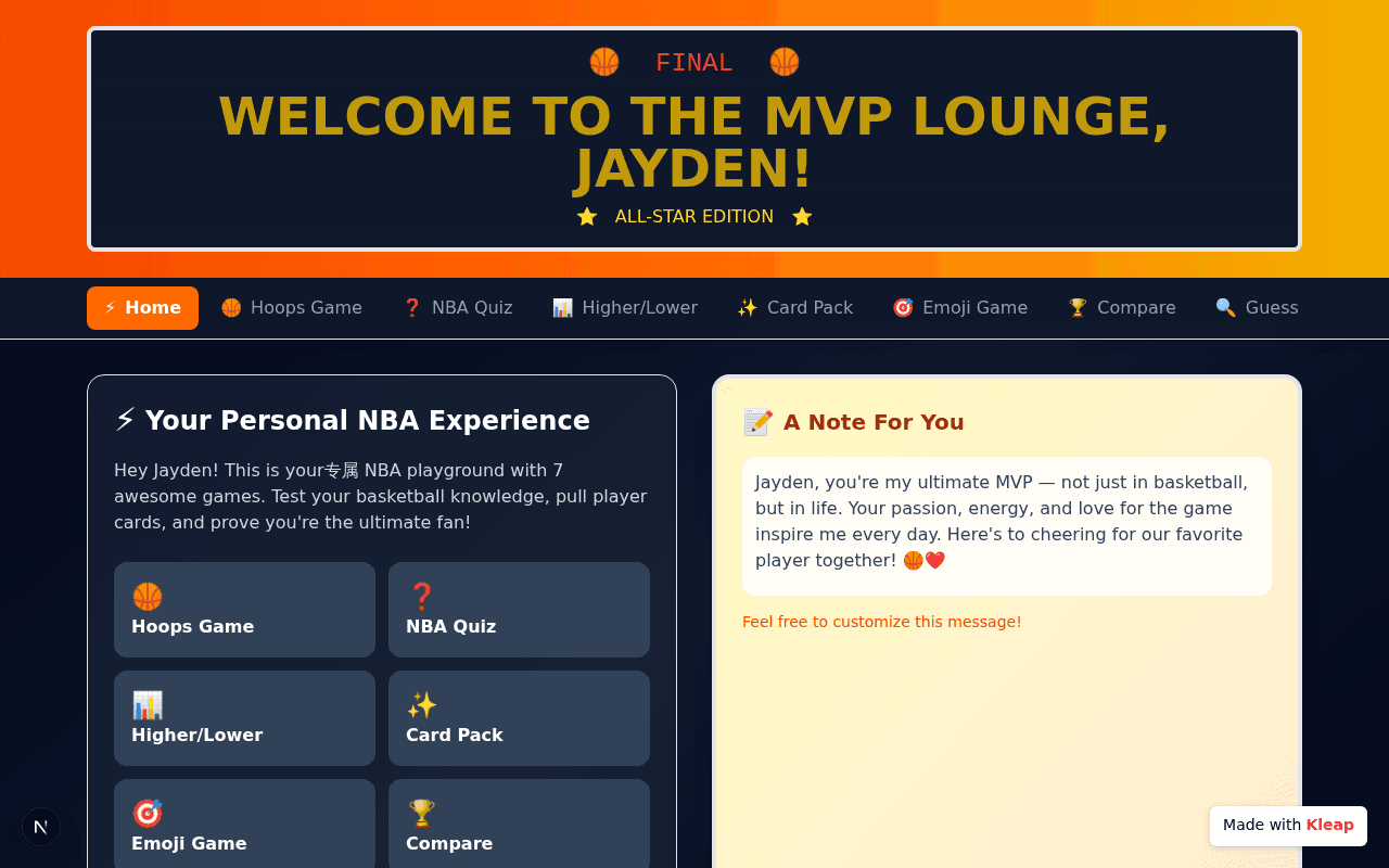 A custom personalized basketball-themed hub built just for Jayden.
