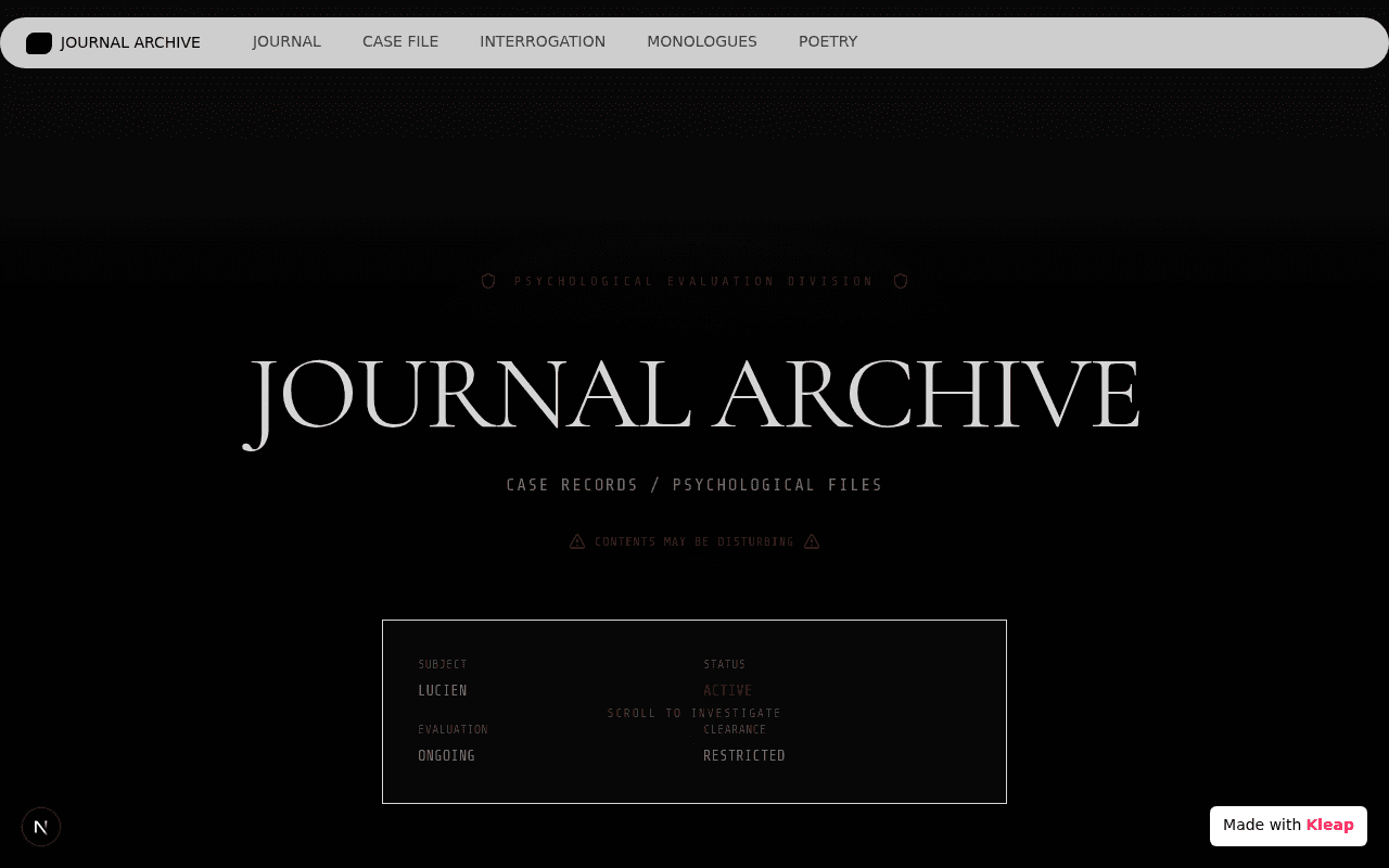 A psychological case file rendered as an interactive journal archive.