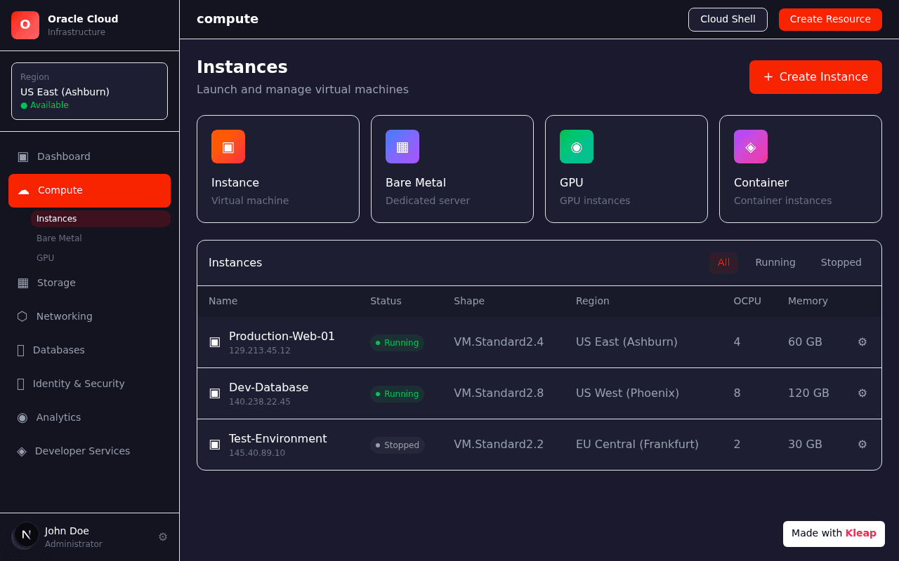 A polished Oracle Cloud-inspired compute dashboard with real-looking instance data.