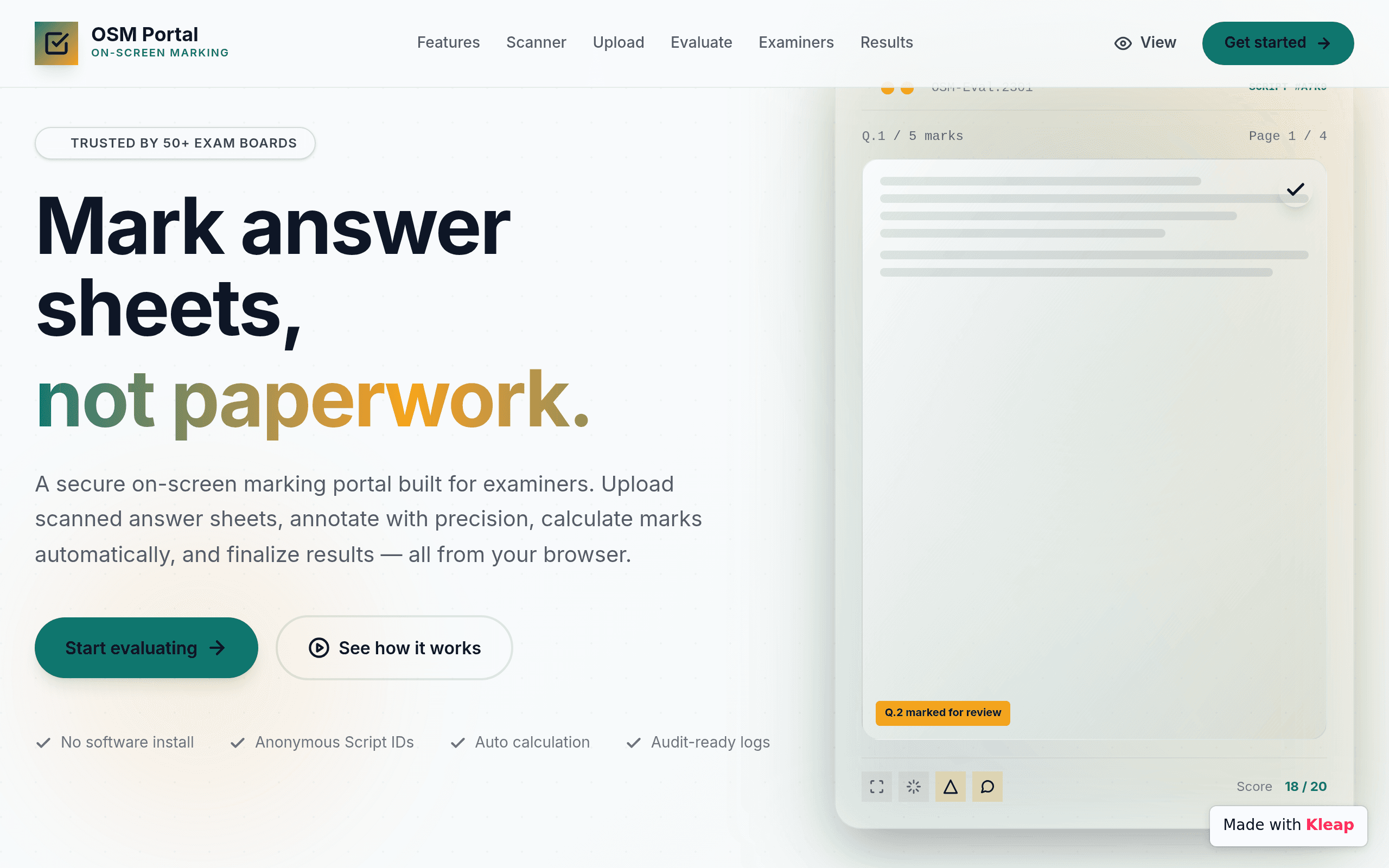 On-screen marking portal that turns scanned answer sheets into scored, audit-ready results.