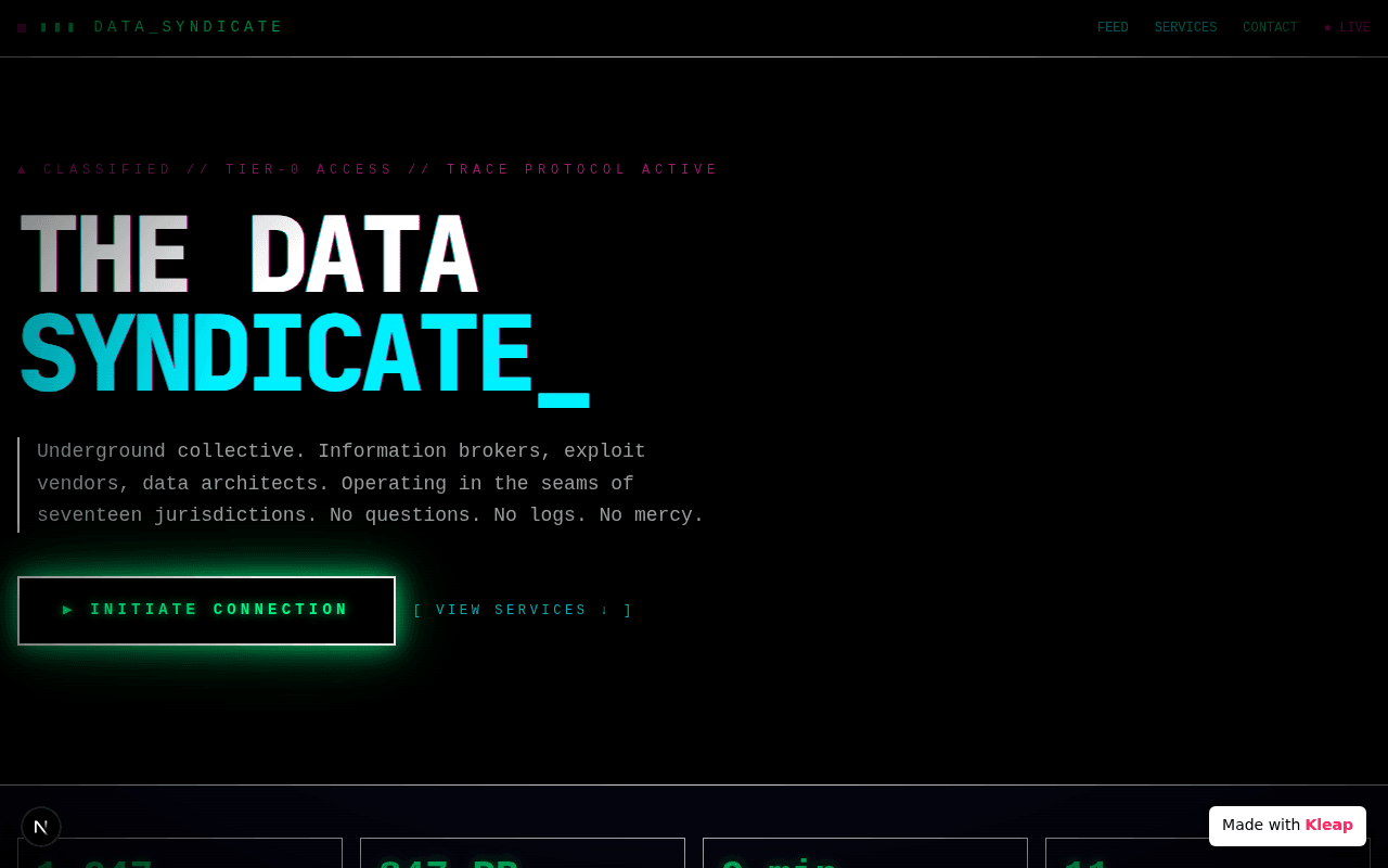 Underground data syndicate disguised as a hacker terminal.