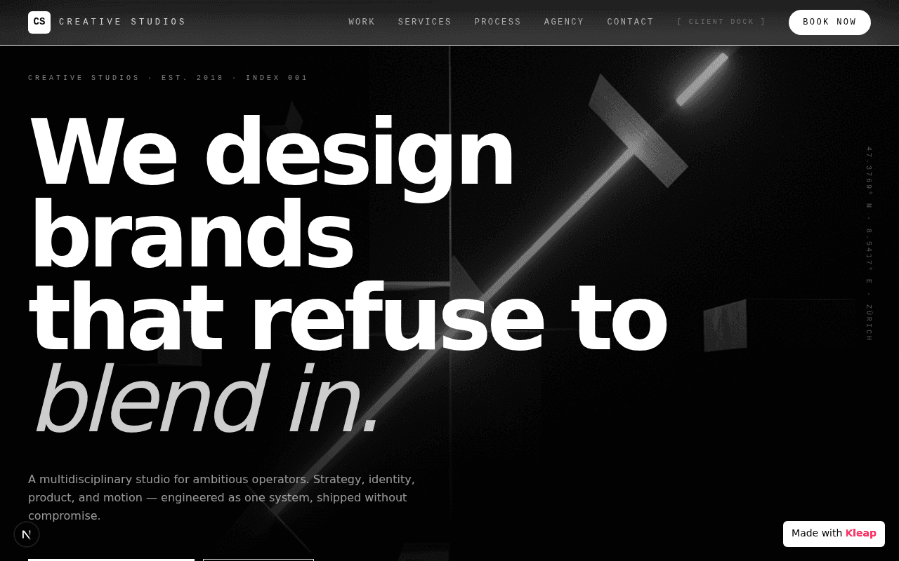 Bold typography and a confident voice for a multidisciplinary creative studio.