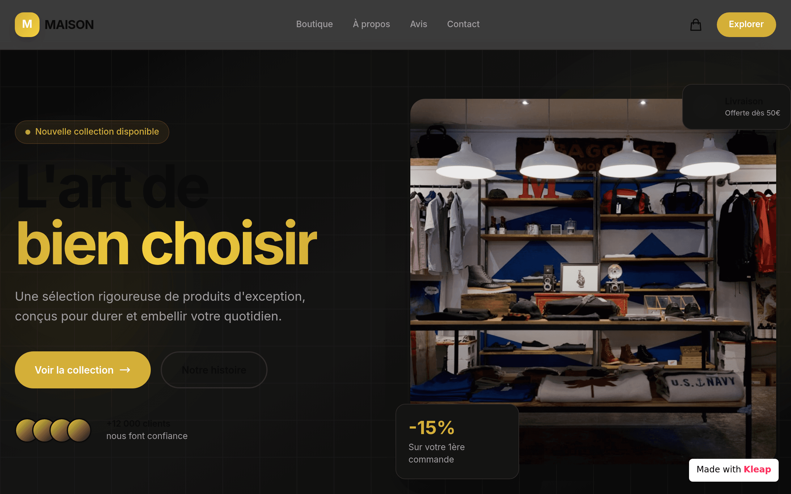 A sophisticated French boutique layout built with dark mode and warm accents.
