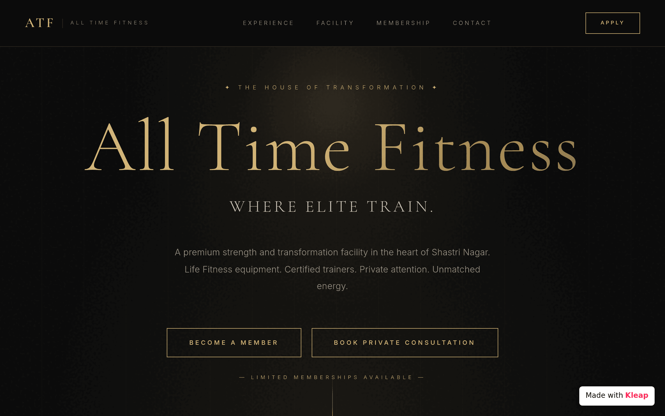 A dark, moody digital front door for an exclusive fitness facility.