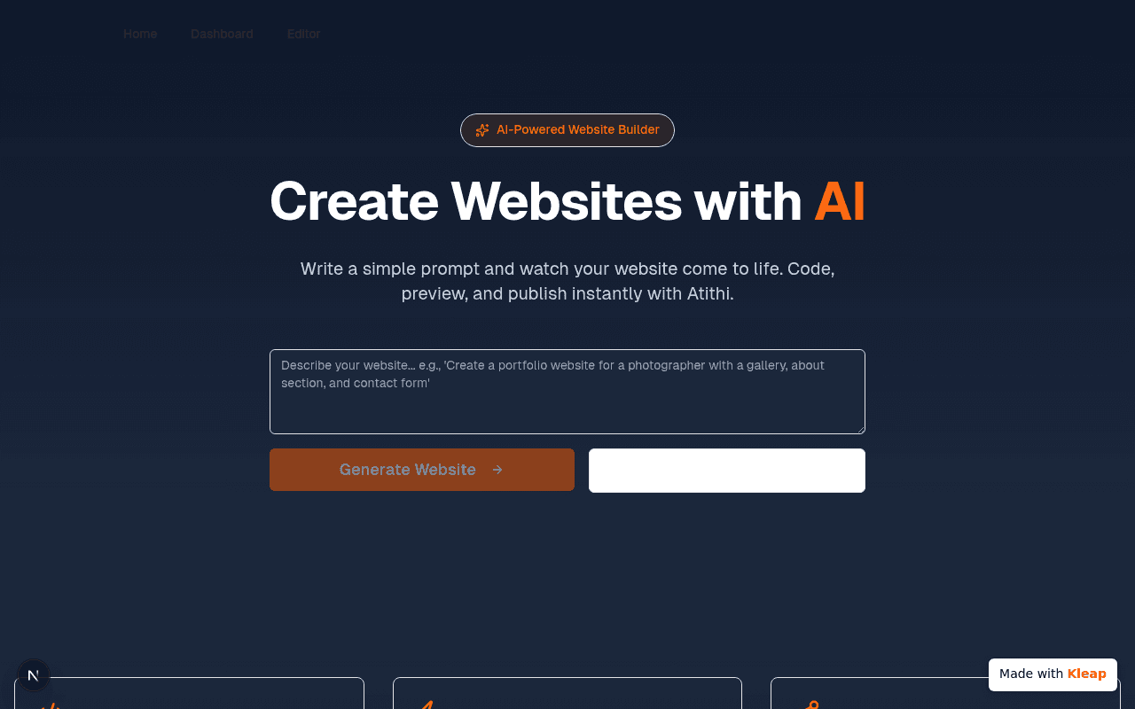Generate full websites instantly with AI, from a simple text prompt to a published site.