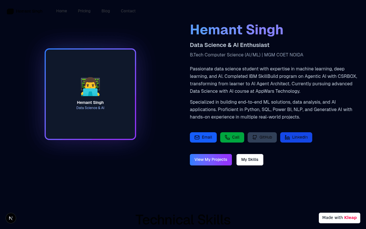 A clean, dark-themed portfolio highlighting a data science enthusiast's skills and projects.